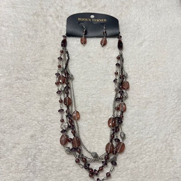 Bijoux Terner Silver Tone Earring & 5 Strand Necklace Set Brown Gemstone Beads - Picture 5 of 7
